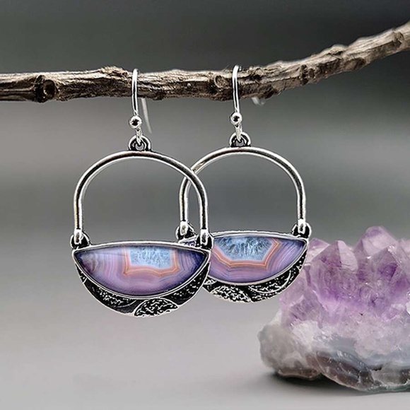 Boho Purple Blue Silver Tone Hoop Earrings - Picture 4 of 4